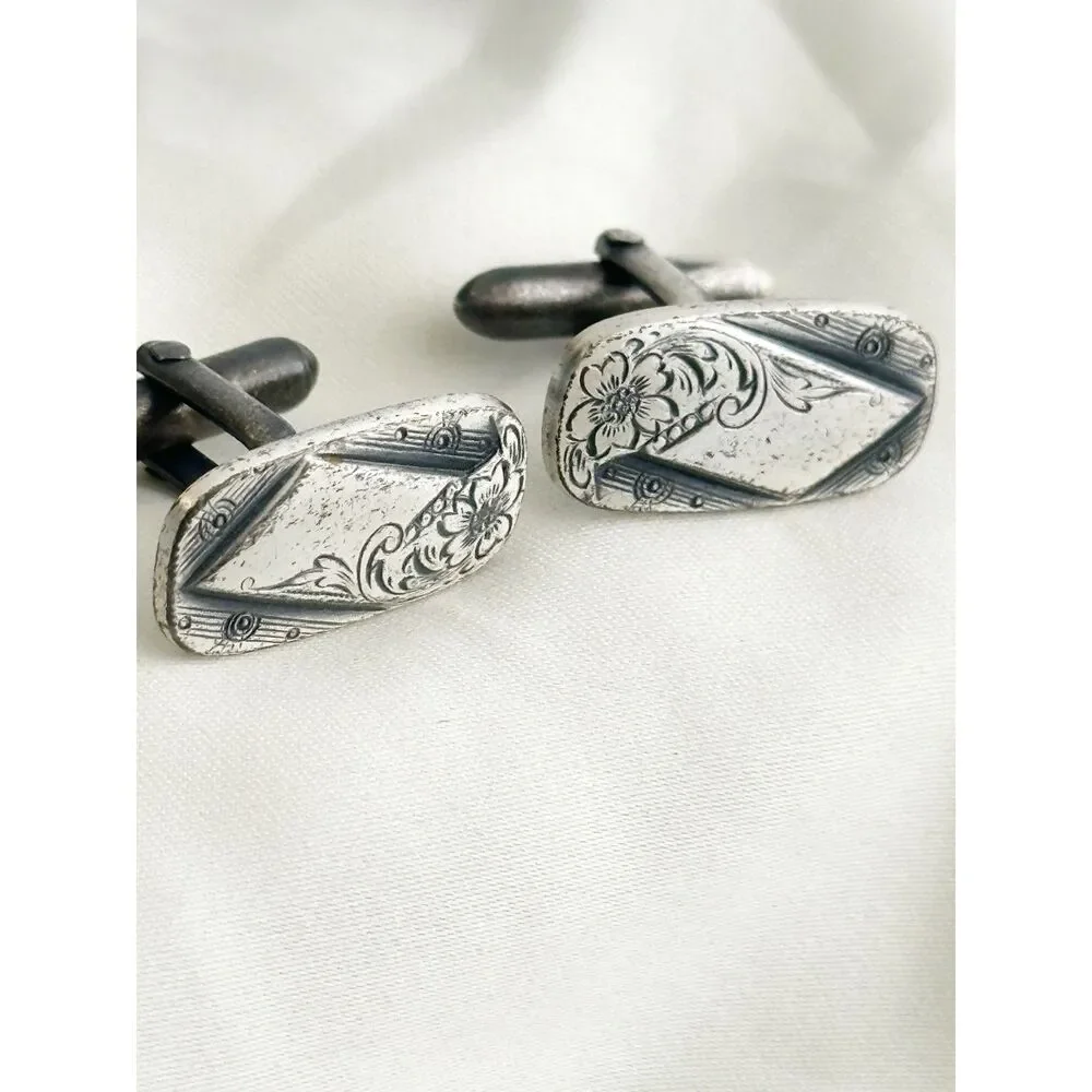 Etched flower cufflinks Swank silver tone rectangle
